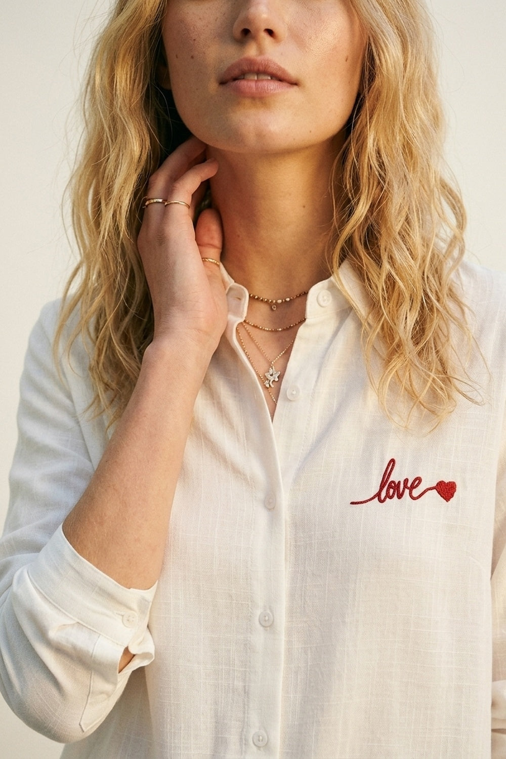 White Button-Up Shirt with Red Love Embroidery - Shirts