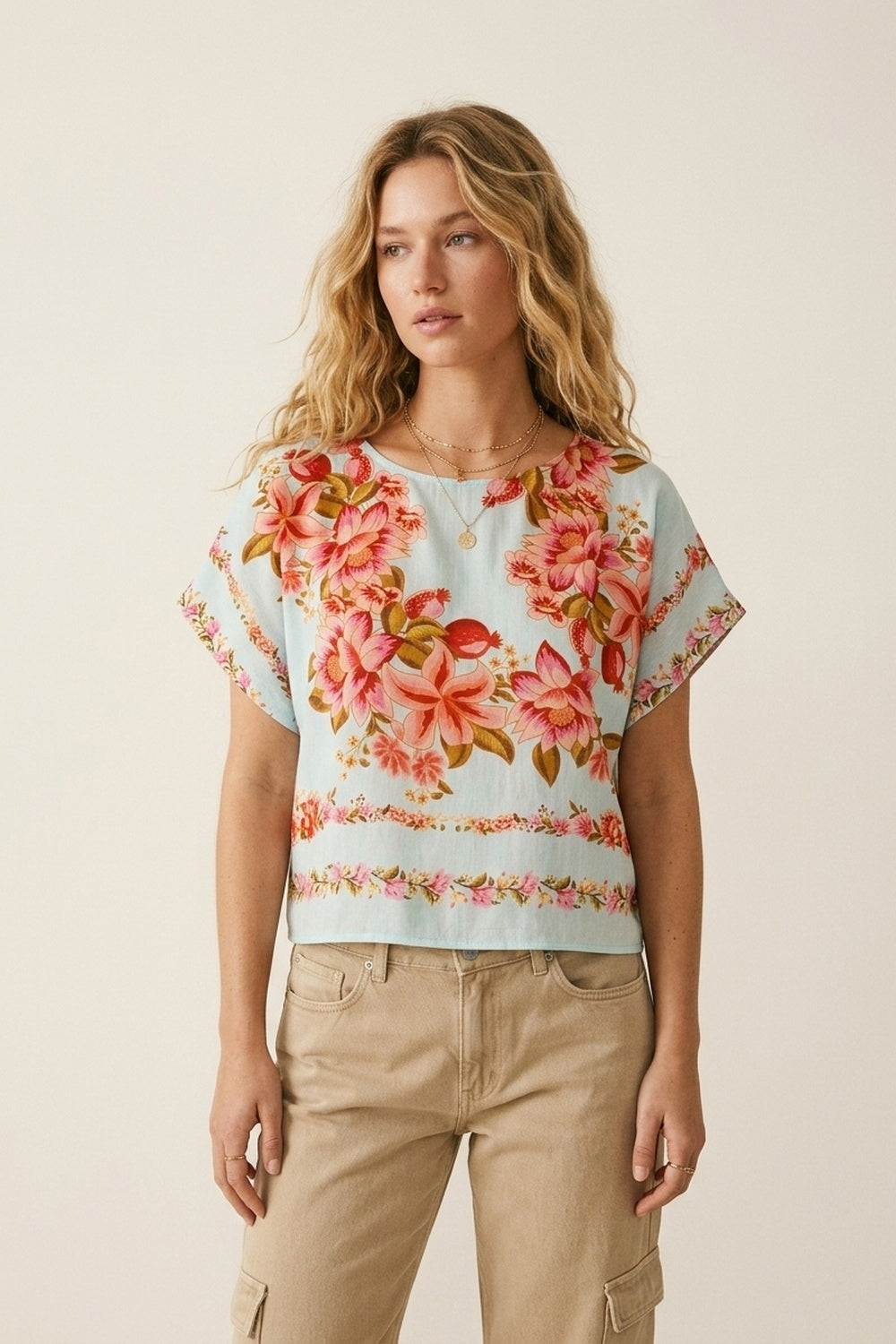 Light Blue Floral Print Lightweight Woven Boxy Crop Top