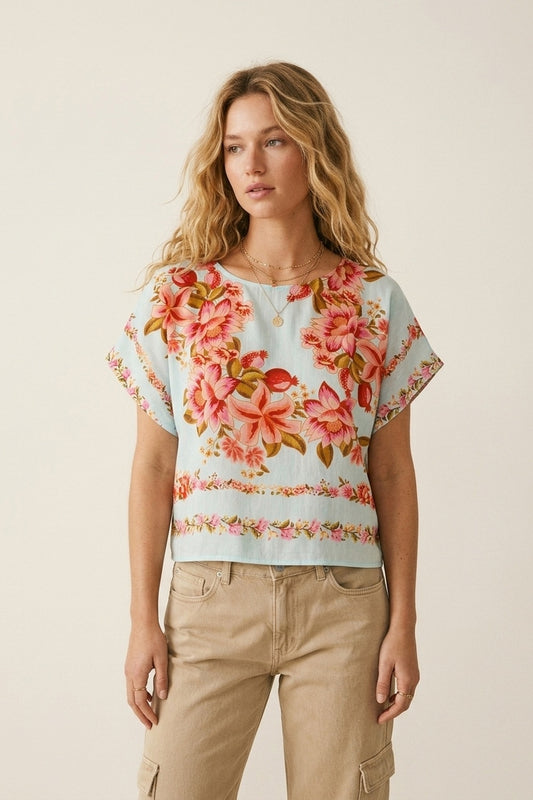 Light Blue Floral Print Lightweight Woven Boxy Crop Top
