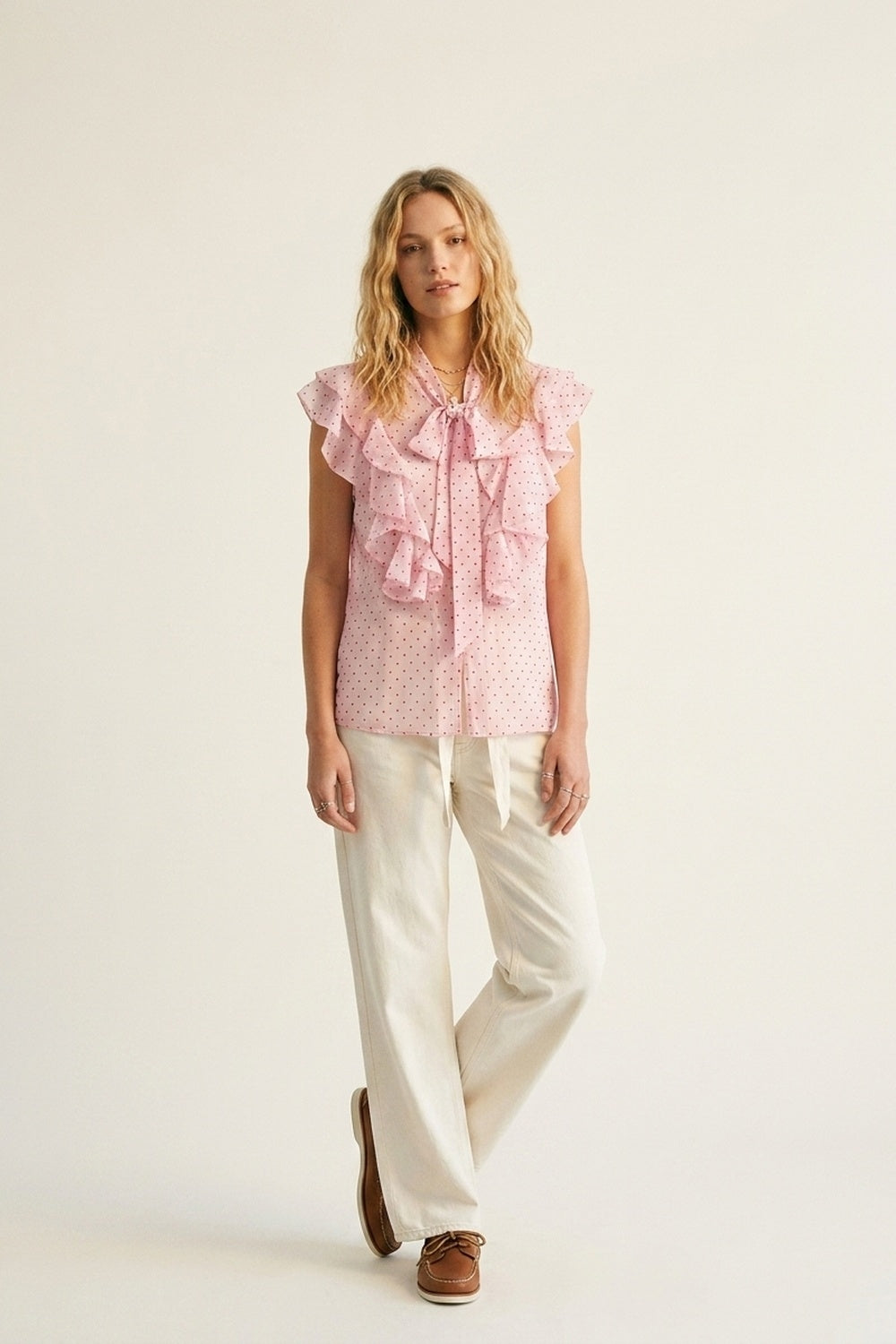 Light Pink Polka-Dot Chiffon Ruffle Bow Tie Sleeveless Blouse - Shirts