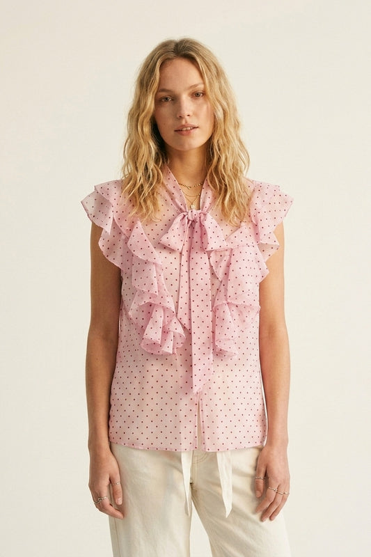 Light Pink Polka-Dot Chiffon Ruffle Bow Tie Sleeveless Blouse - Shirts
