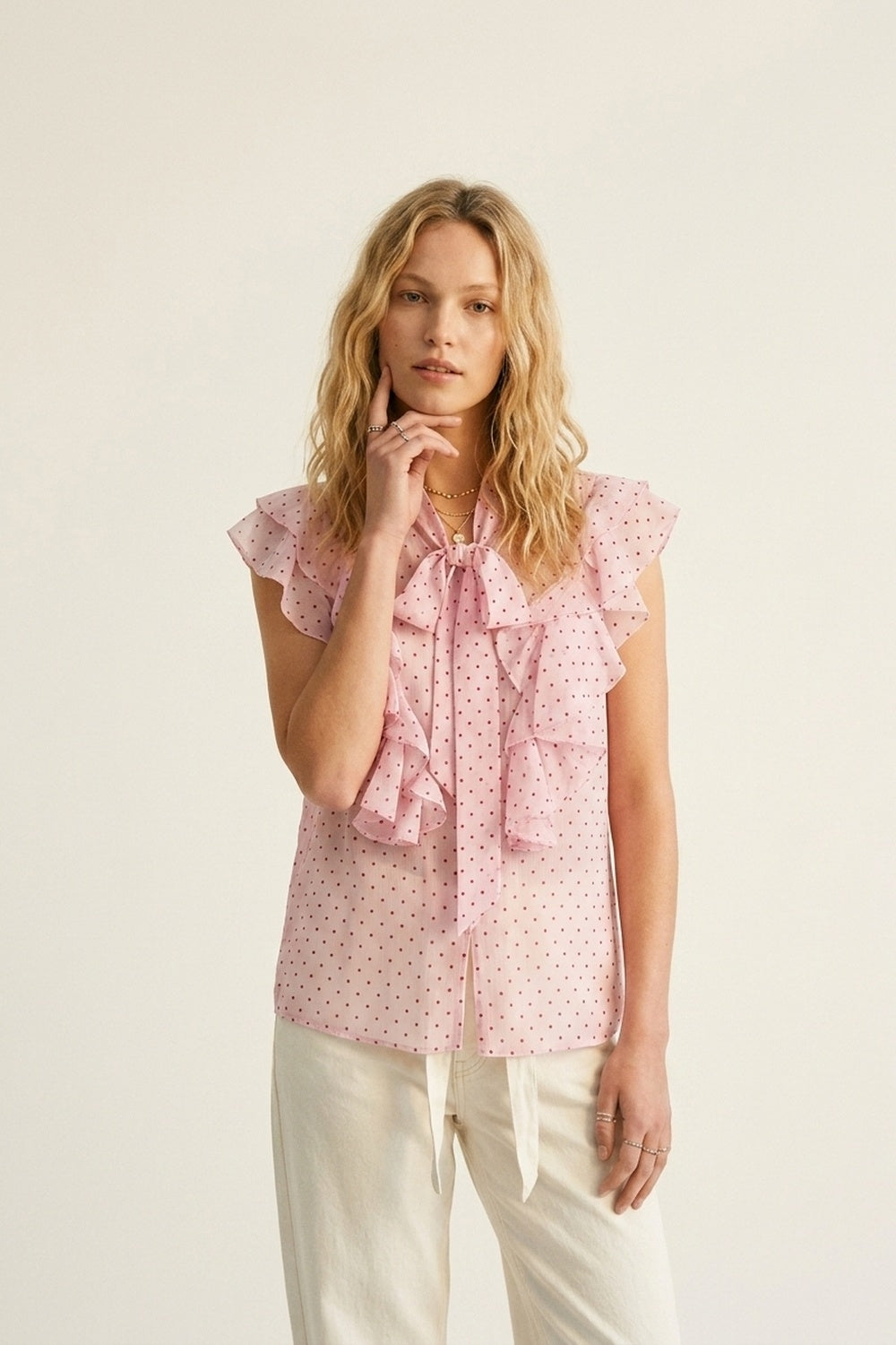 Light Pink Polka-Dot Chiffon Ruffle Bow Tie Sleeveless Blouse - Shirts