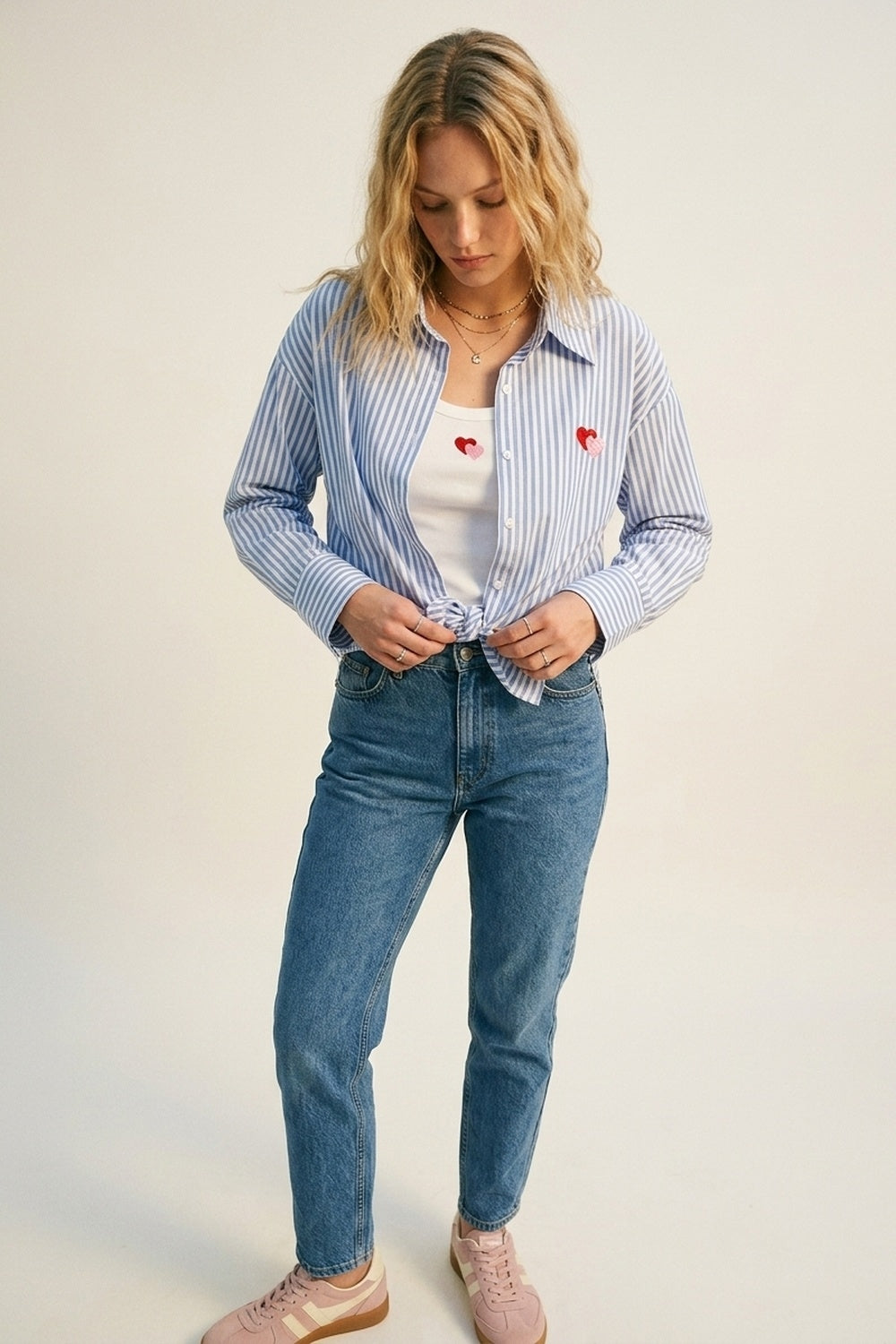 Blue Stripe Cotton Embroidered Heart Set t-shirt and shirt 2 pieces - Shirts