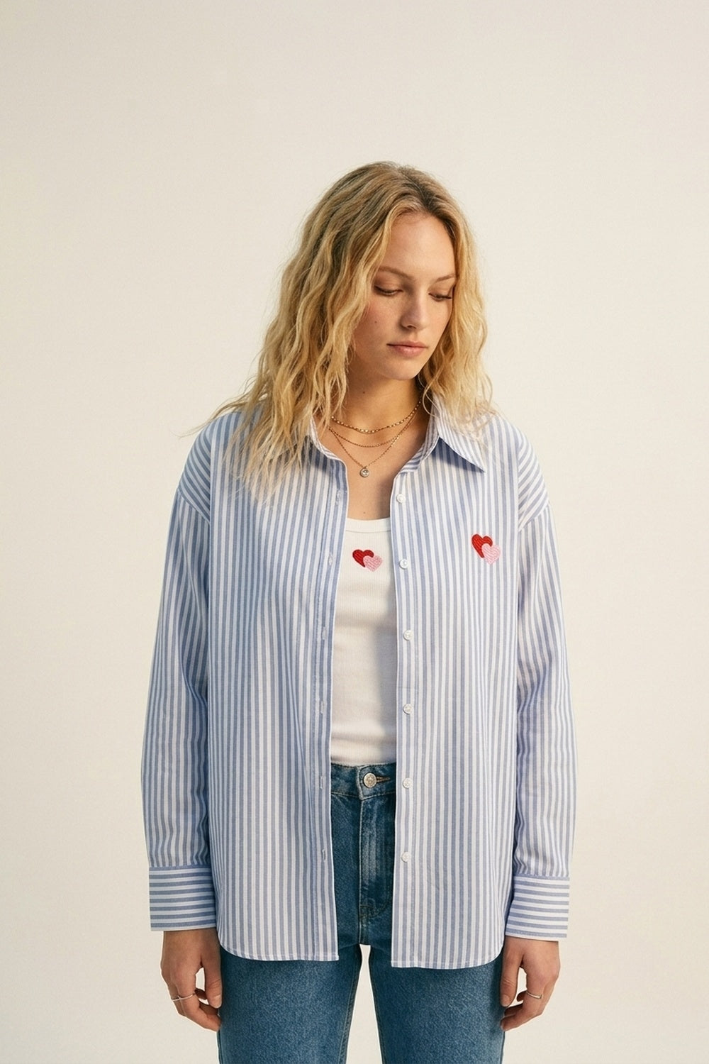 Blue Stripe Cotton Embroidered Heart Set t-shirt and shirt 2 pieces - Shirts