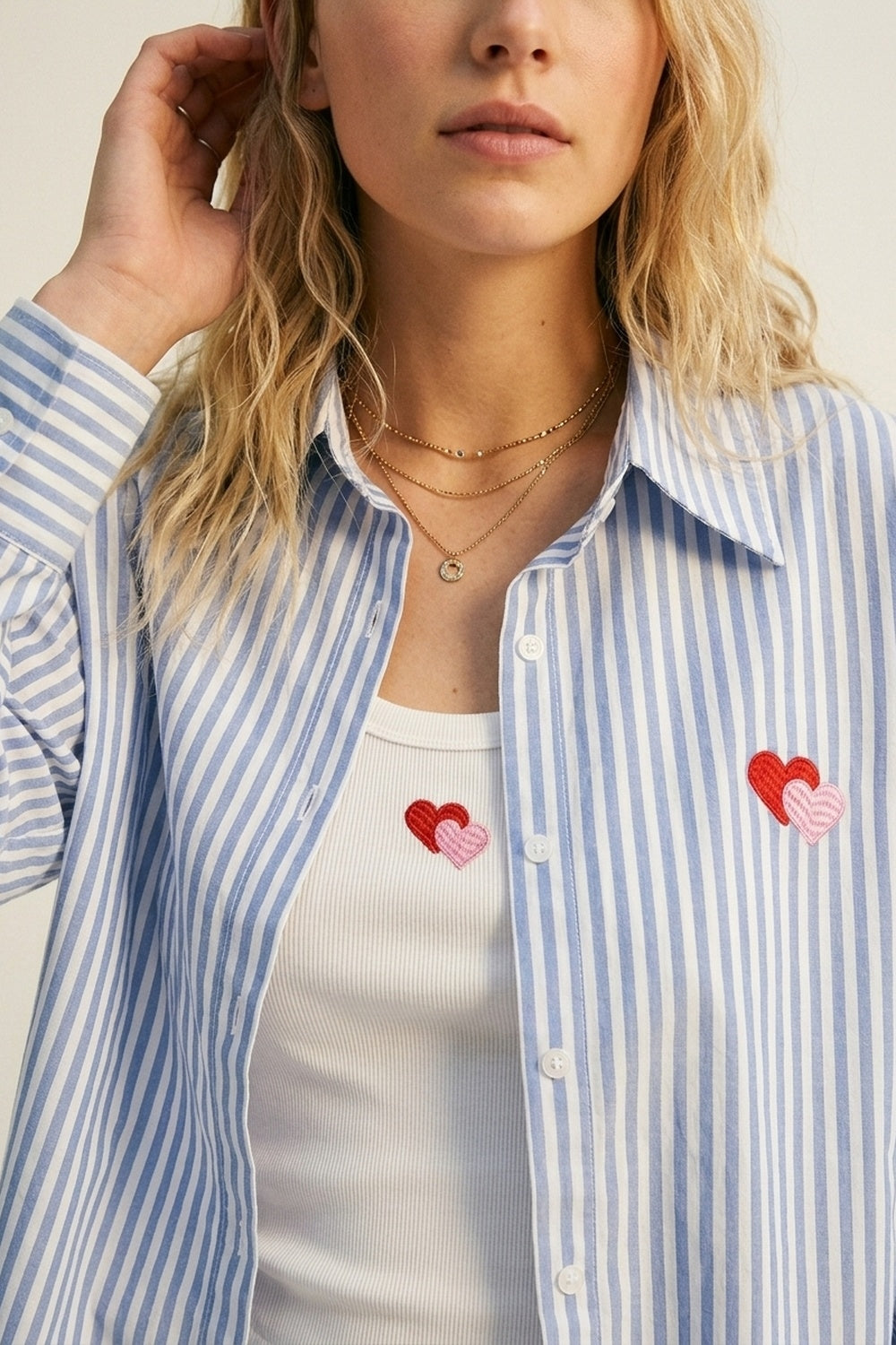 Blue Stripe Cotton Embroidered Heart Set t-shirt and shirt 2 pieces - Shirts