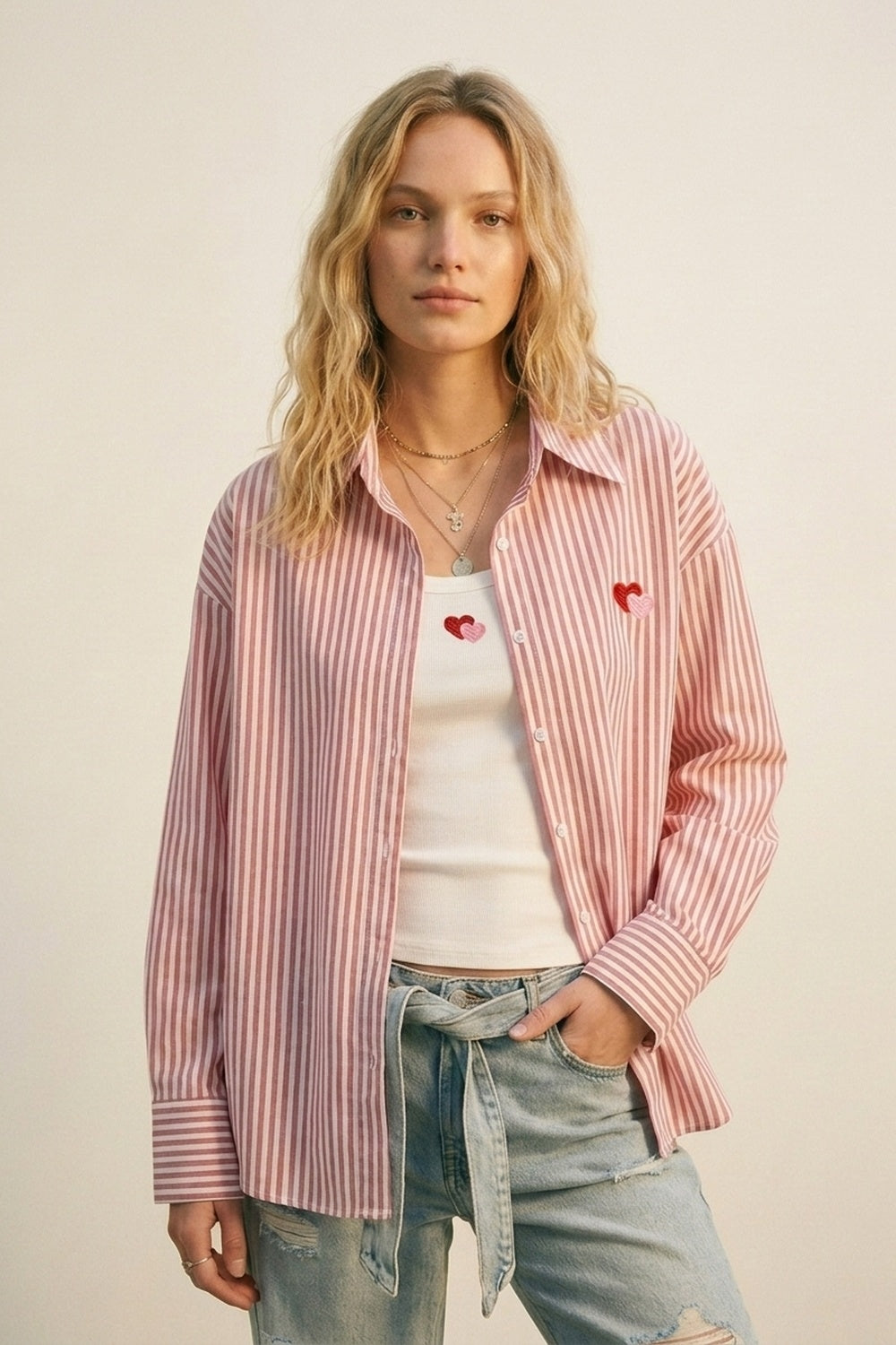 Red Stripe Cotton Embroidered Heart Set t-shirt and shirt 2 pieces - Shirts