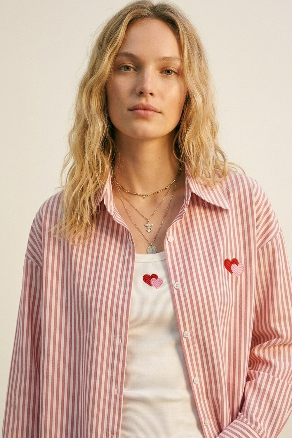 Red Stripe Cotton Embroidered Heart Set t-shirt and shirt 2 pieces - Shirts