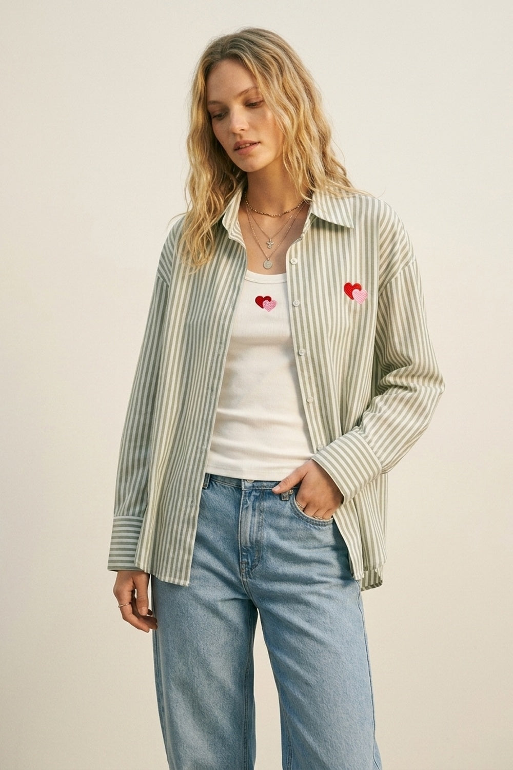 green Stripe Cotton Embroidered Heart Set t-shirt and shirt 2 pieces - Shirts
