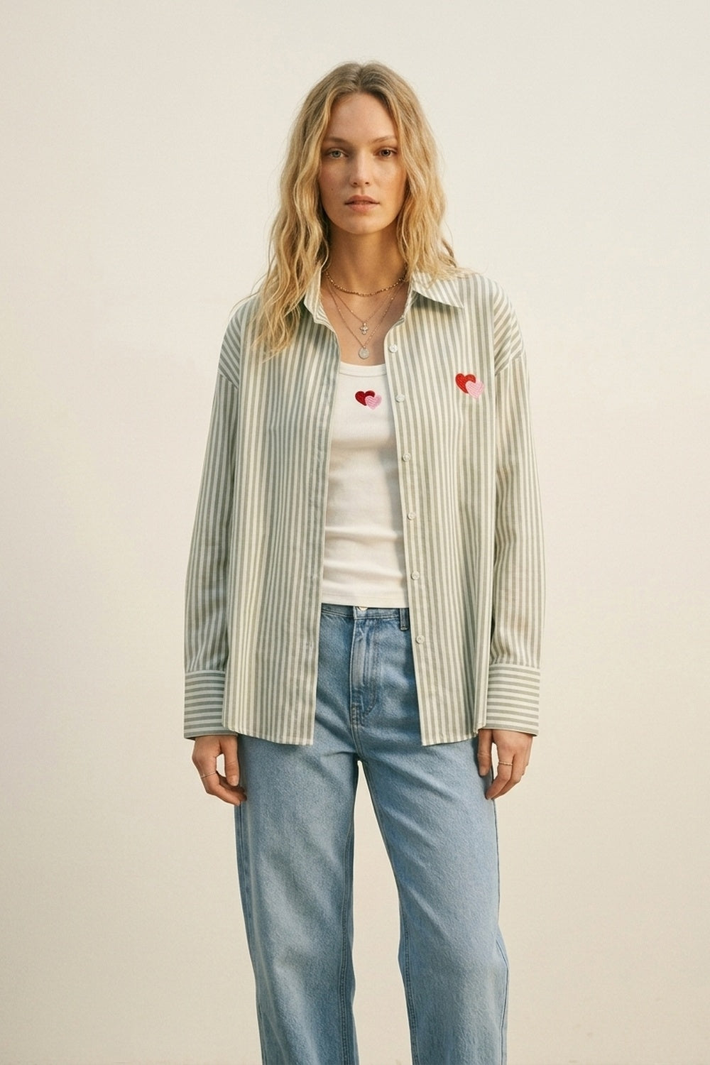 green Stripe Cotton Embroidered Heart Set t-shirt and shirt 2 pieces - Shirts