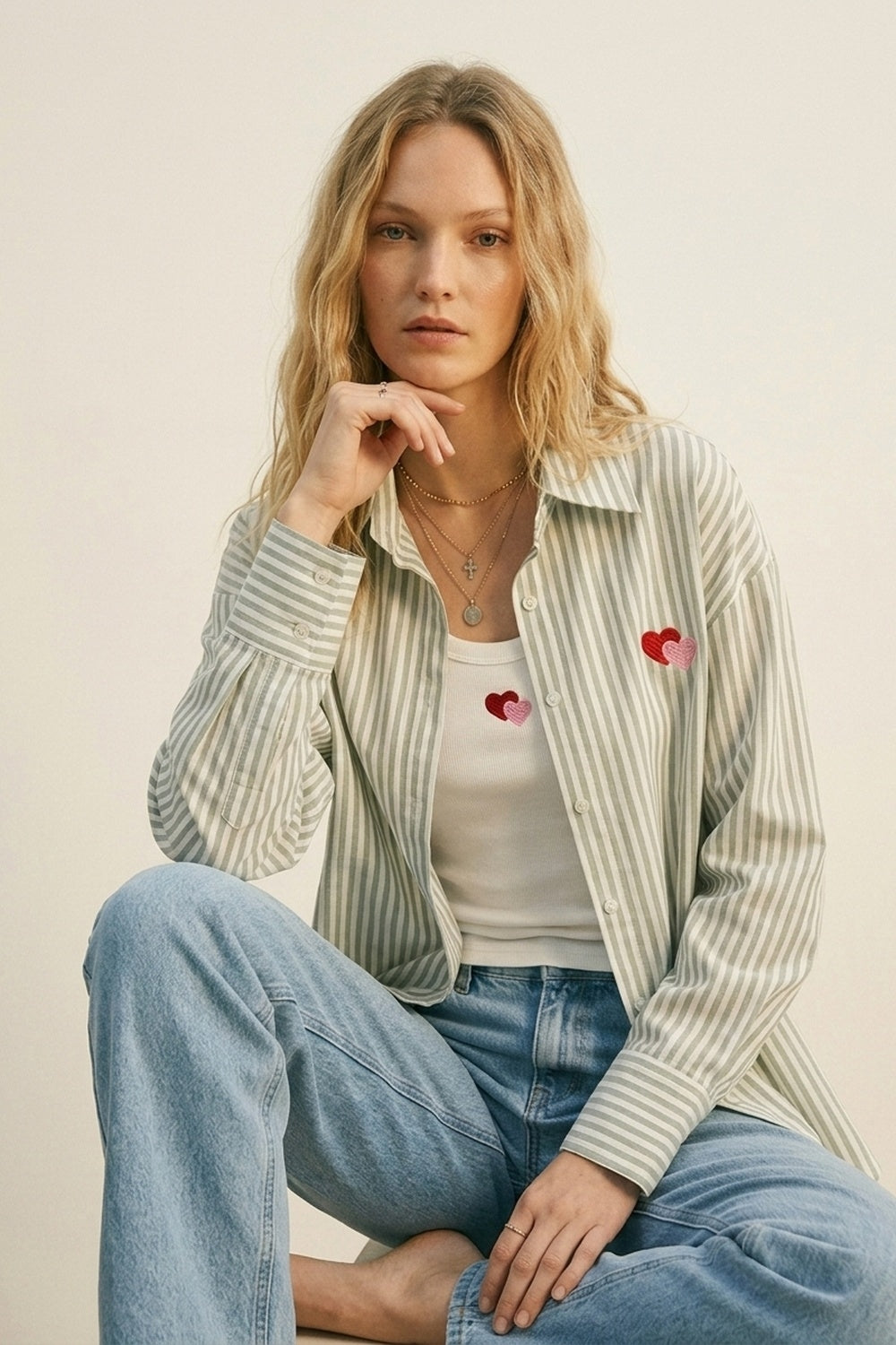green Stripe Cotton Embroidered Heart Set t-shirt and shirt 2 pieces - Shirts