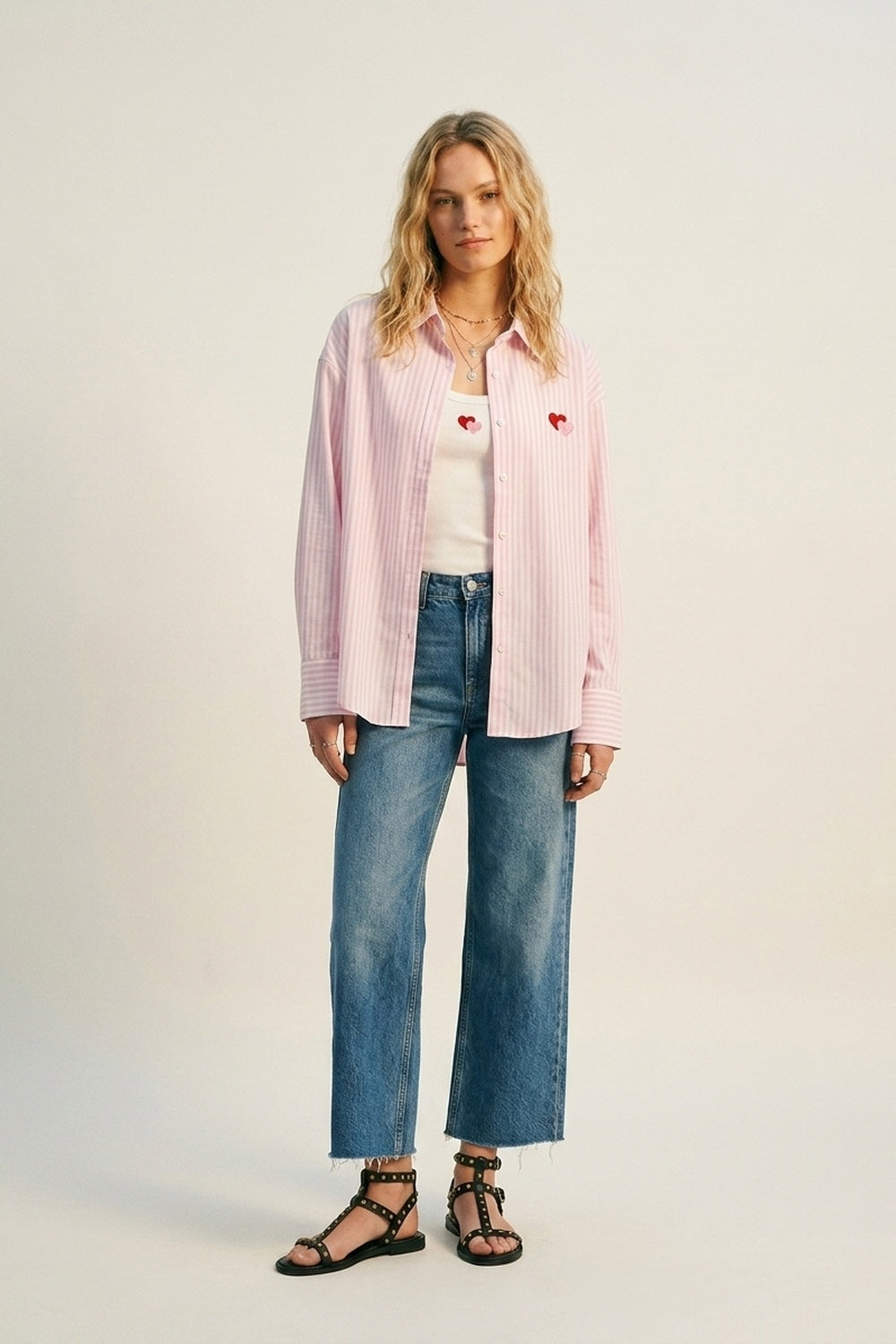 Pink Stripe Cotton Embroidered Heart Set t-shirt and shirt 2 pieces - Shirts