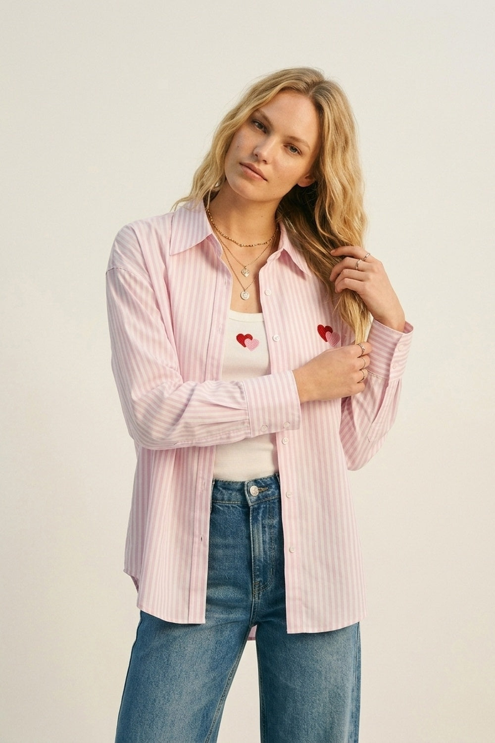 Pink Stripe Cotton Embroidered Heart Set t-shirt and shirt 2 pieces - Shirts