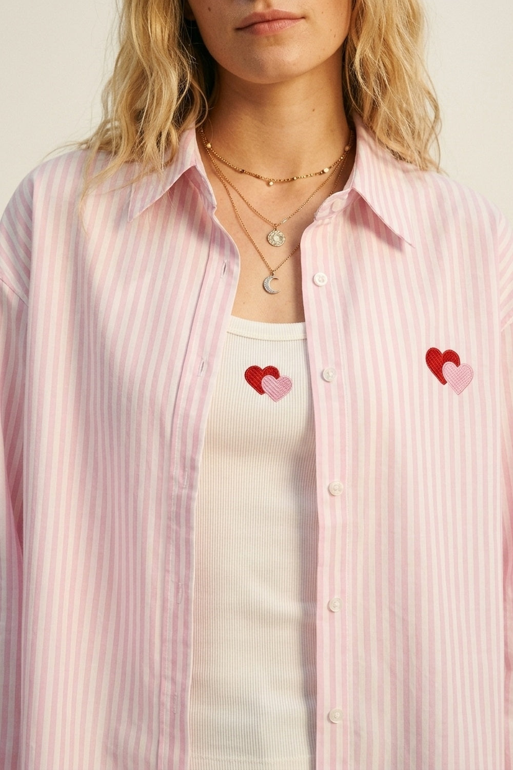 Pink Stripe Cotton Embroidered Heart Set t-shirt and shirt 2 pieces - Shirts
