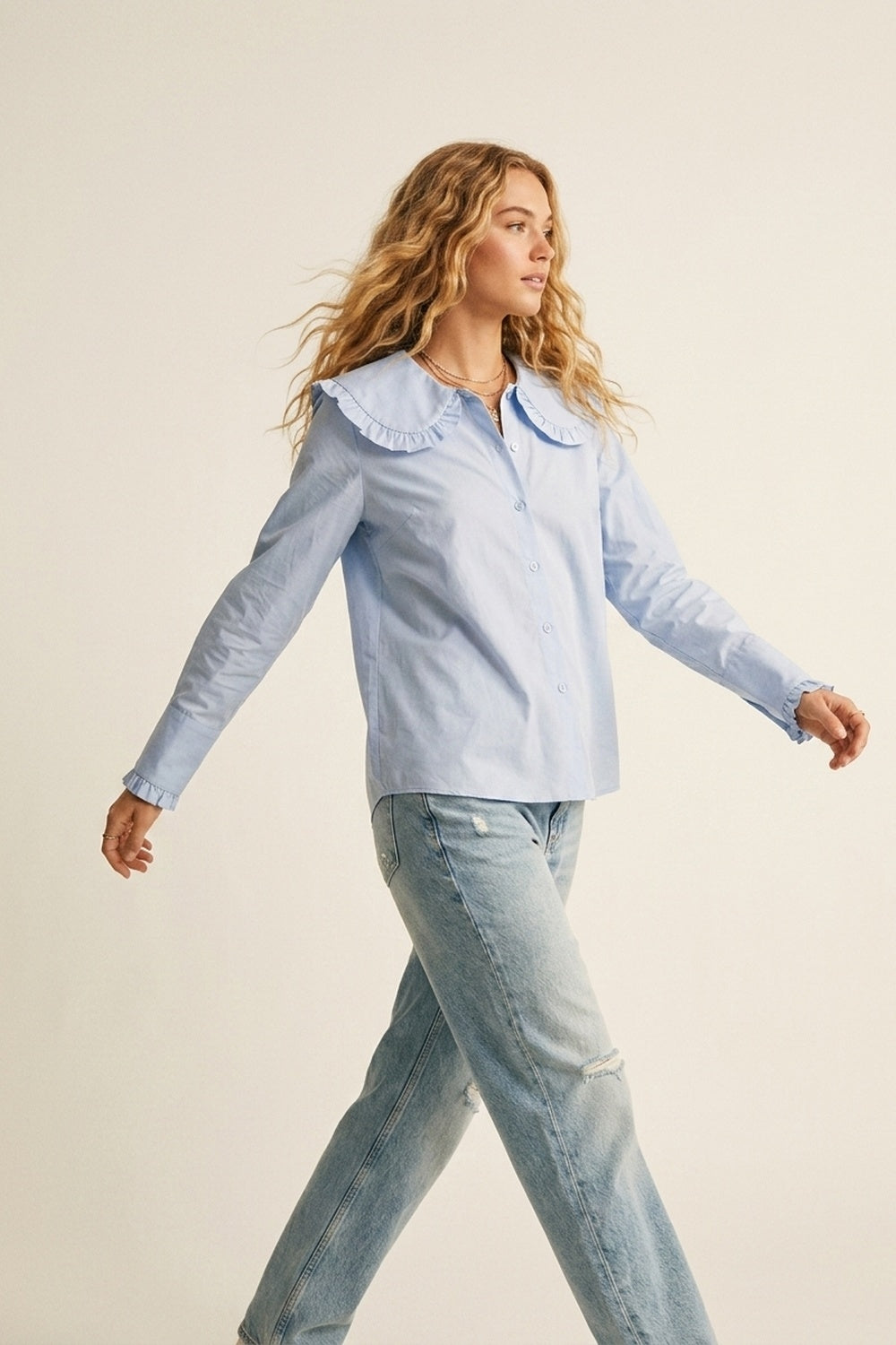 Light Blue Poplin Ruffle Collar Long Sleeve Regular Fit Shirt - Shirts