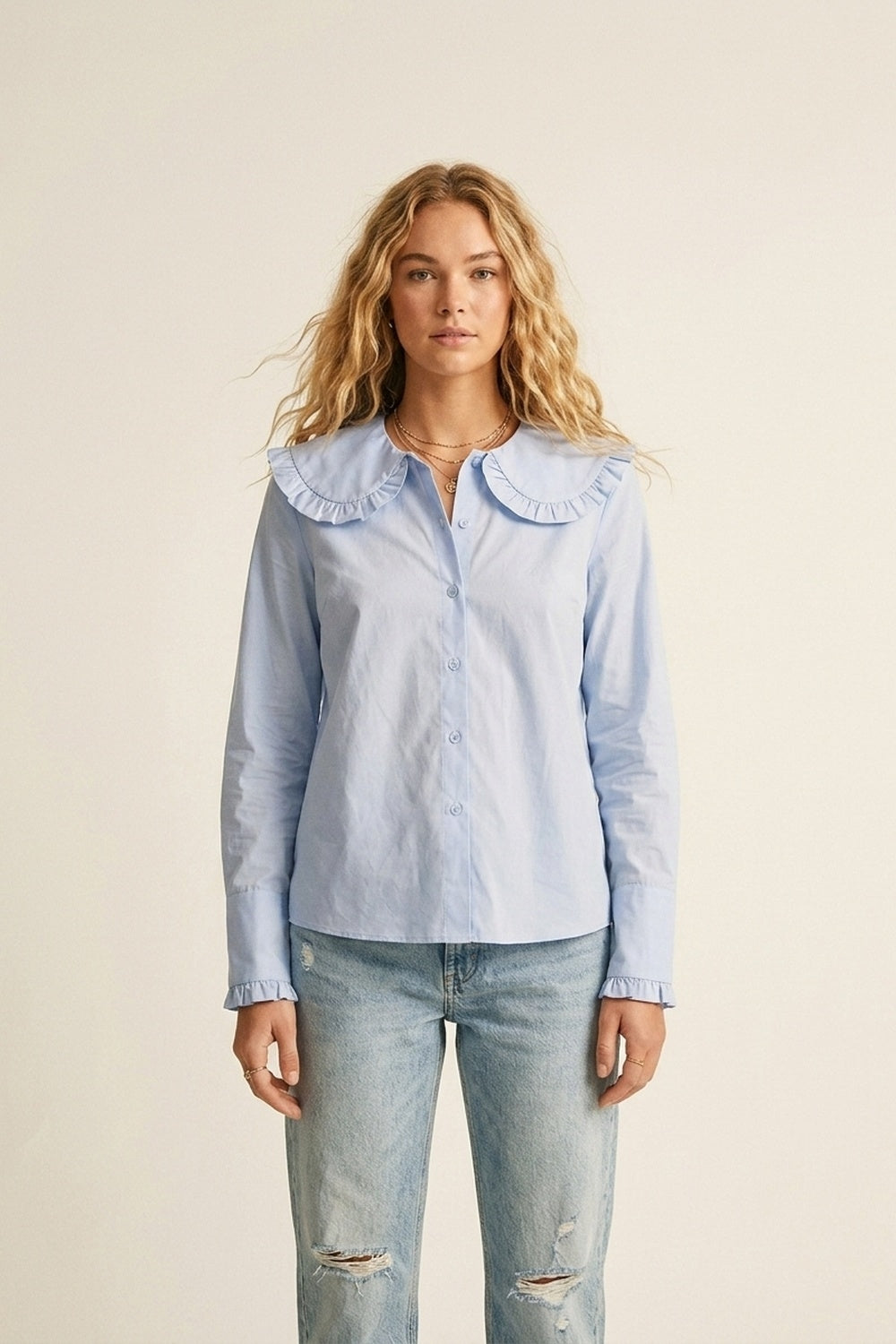 Light Blue Poplin Ruffle Collar Long Sleeve Regular Fit Shirt - Shirts