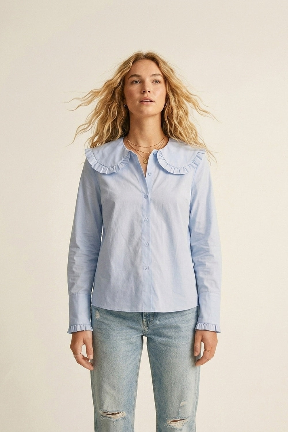 Light Blue Poplin Ruffle Collar Long Sleeve Regular Fit Shirt - Shirts
