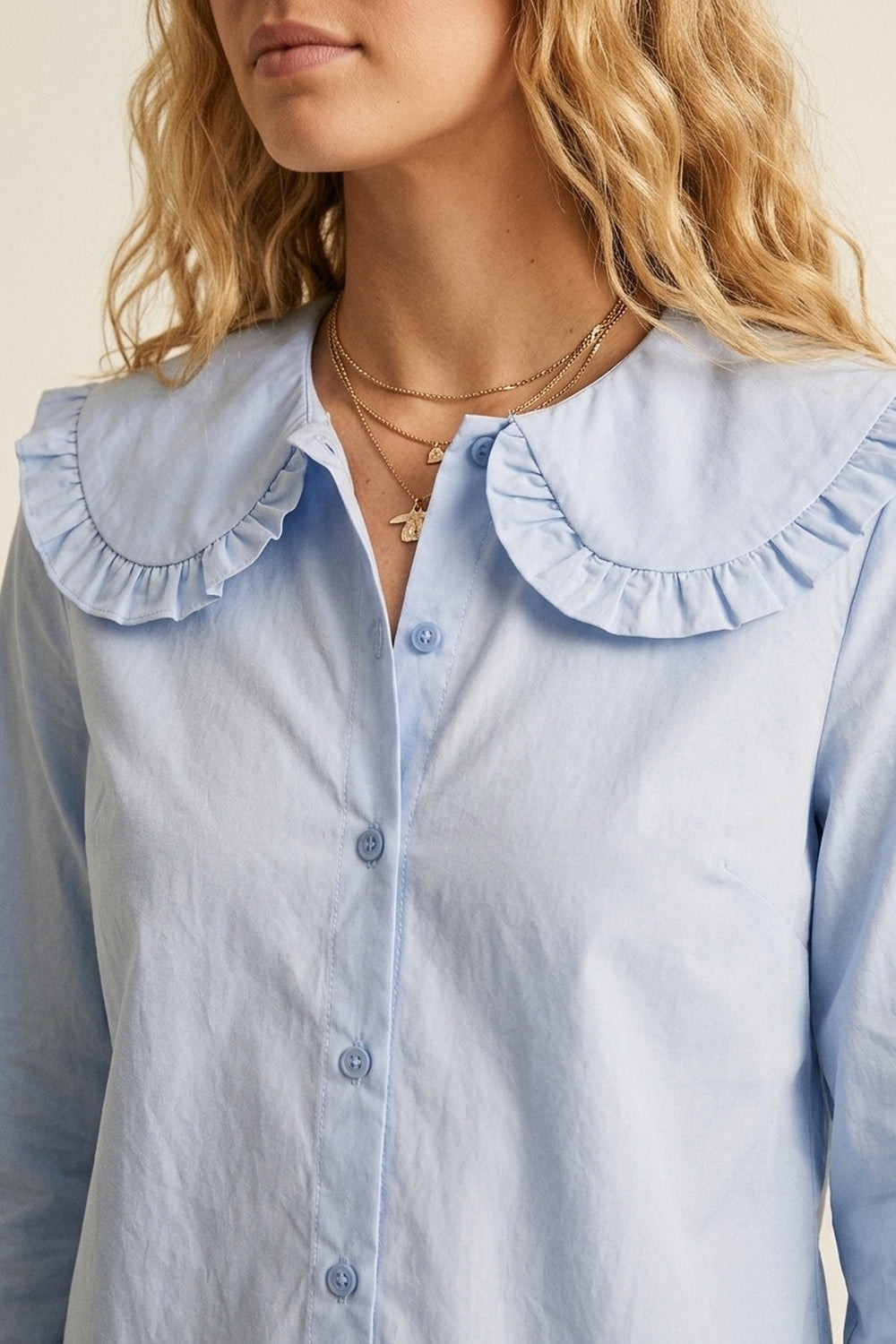 Light Blue Poplin Ruffle Collar Long Sleeve Regular Fit Shirt - Shirts