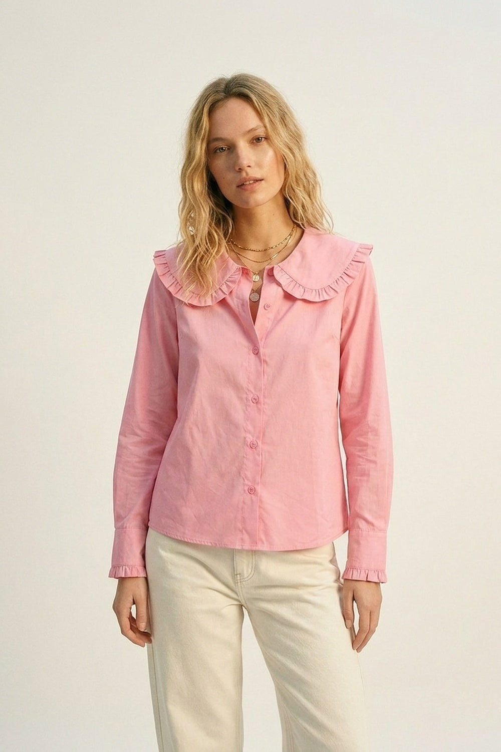 Chemisier à manches longues en popeline de coton rose avec col volanté de style "Prairie"