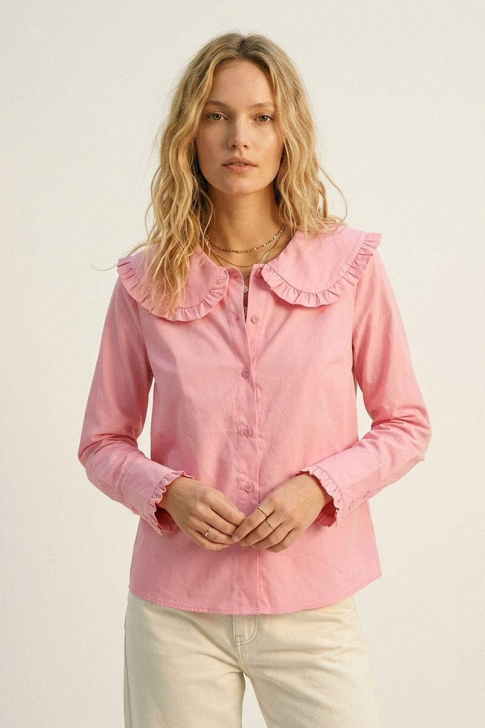 Pink Cotton Poplin Ruffle Prairie Collar Long Sleeve Shirt - Shirts
