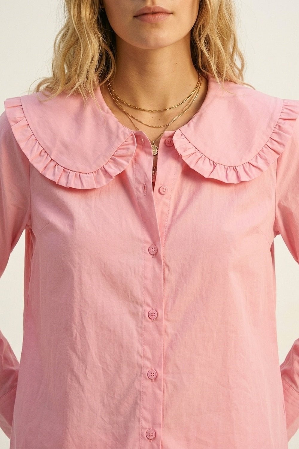 Pink Cotton Poplin Ruffle Prairie Collar Long Sleeve Shirt - Shirts
