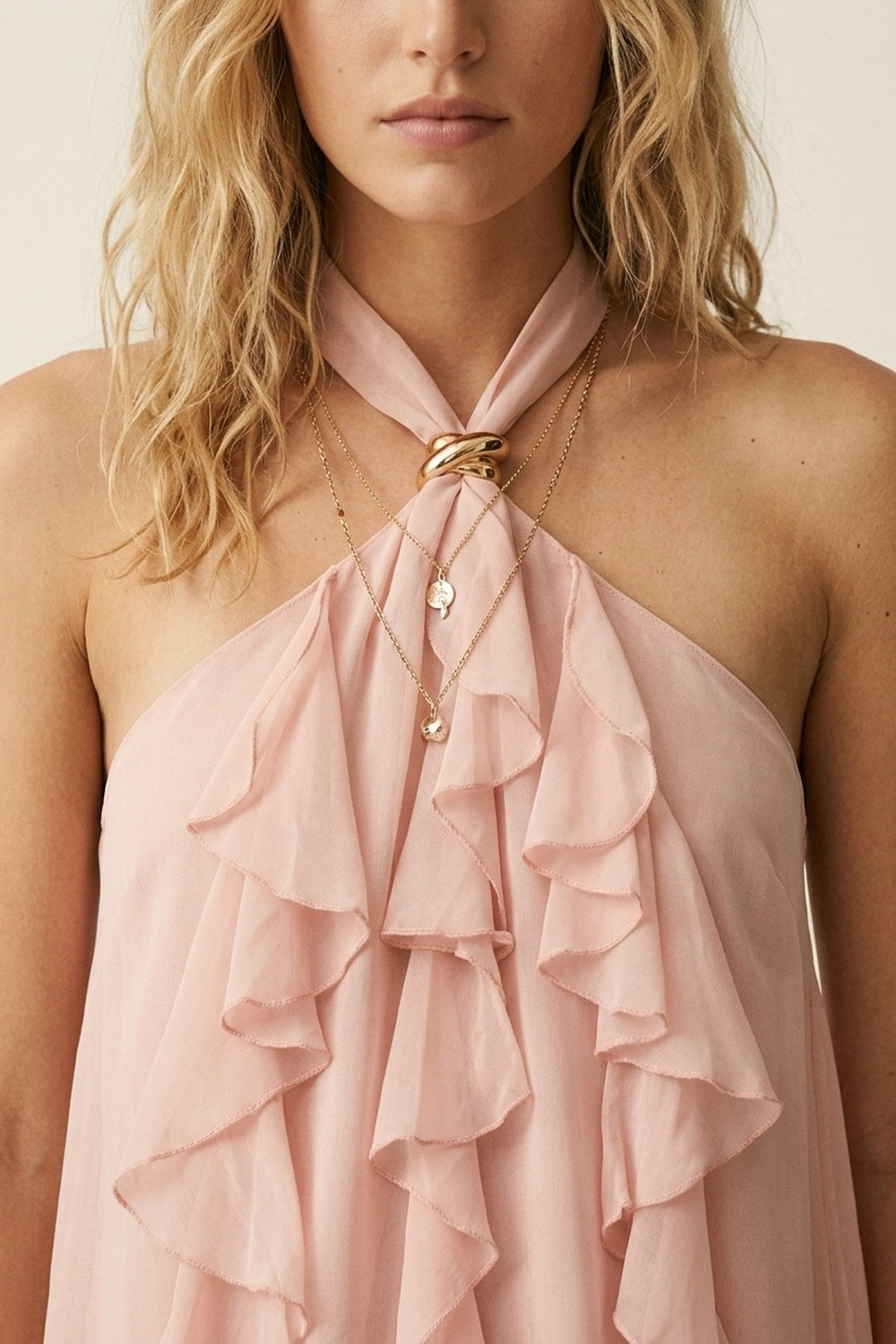 Chiffon Ruffle Detail Halter Neck Sleeveless top in Light Pink