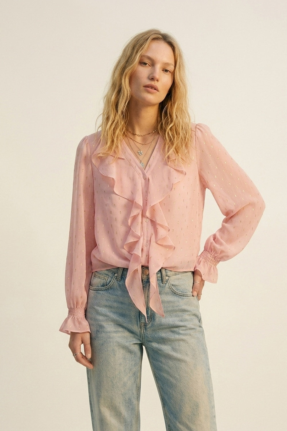 Gold Polka-Dot Chiffon Ruffle Button Blouse in Light Pink - Shirts