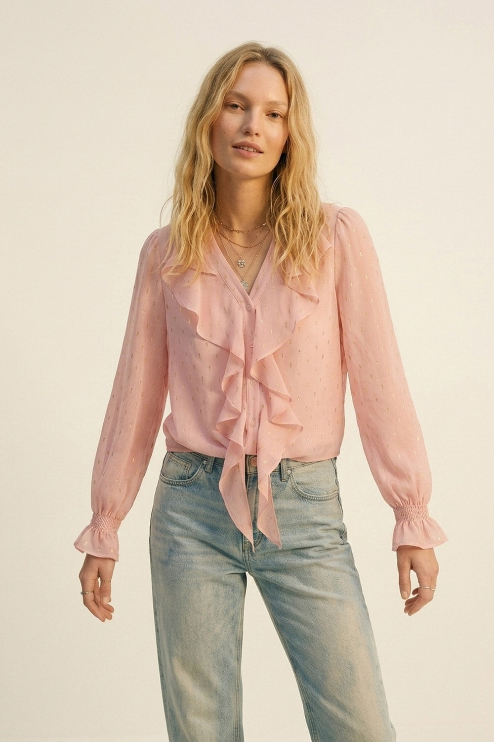Gold Polka-Dot Chiffon Ruffle Button Blouse in Light Pink - Shirts