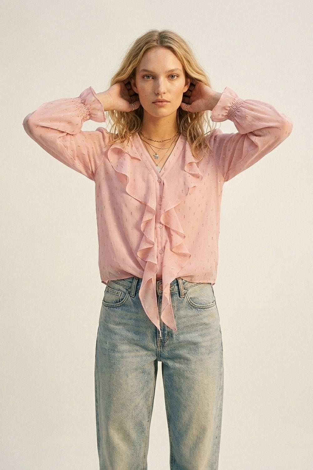 Gold Polka-Dot Chiffon Ruffle Button Blouse in Light Pink - Shirts