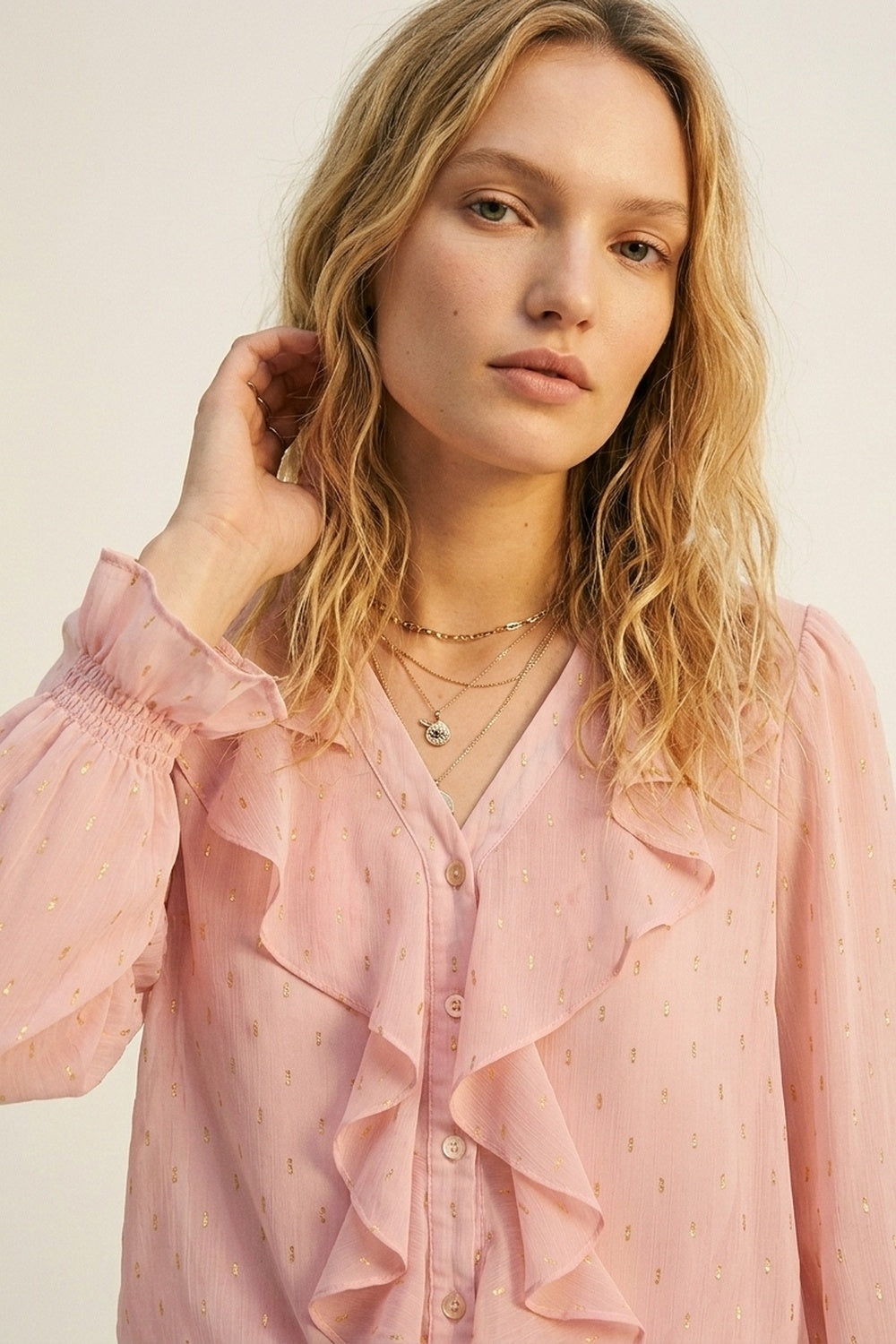 Gold Polka-Dot Chiffon Ruffle Button Blouse in Light Pink - Shirts