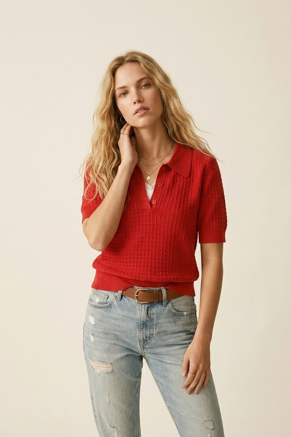 Waffle Knit Button Placket Polo in red with Short Sleeve