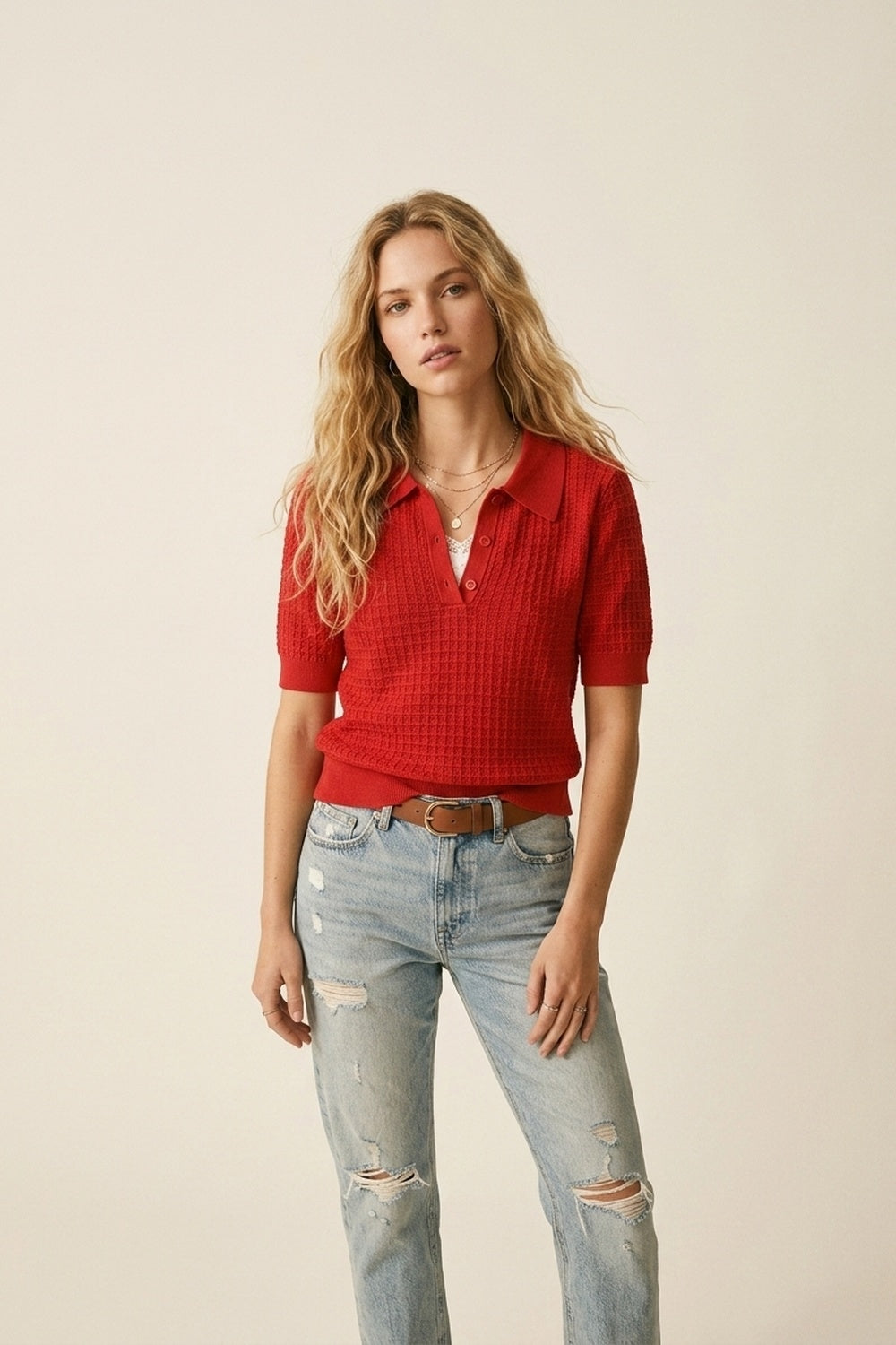 Waffle Knit Button Placket Polo in red with Short Sleeve