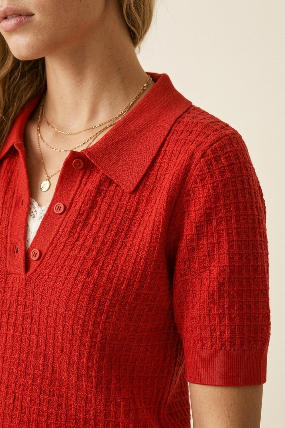 Waffle Knit Button Placket Polo in red with Short Sleeve