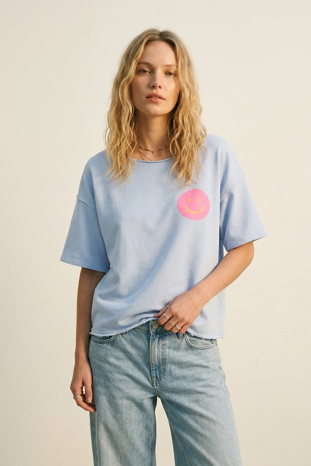 Light Blue Relaxed Fit sweatshirt with Pink Smiley - top