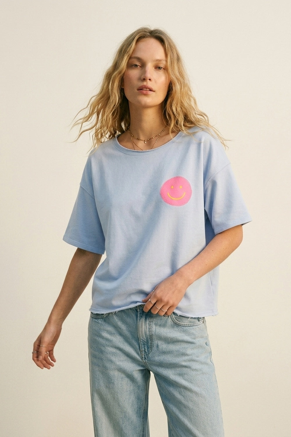 Light Blue Relaxed Fit sweatshirt with Pink Smiley - top
