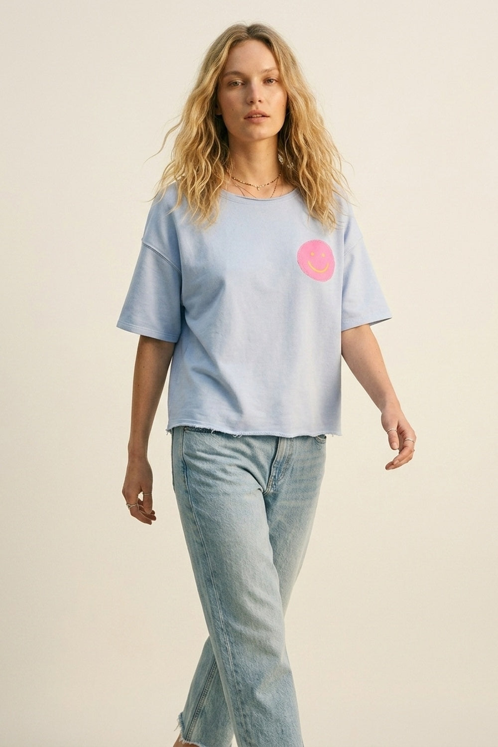 Light Blue Relaxed Fit sweatshirt with Pink Smiley - top