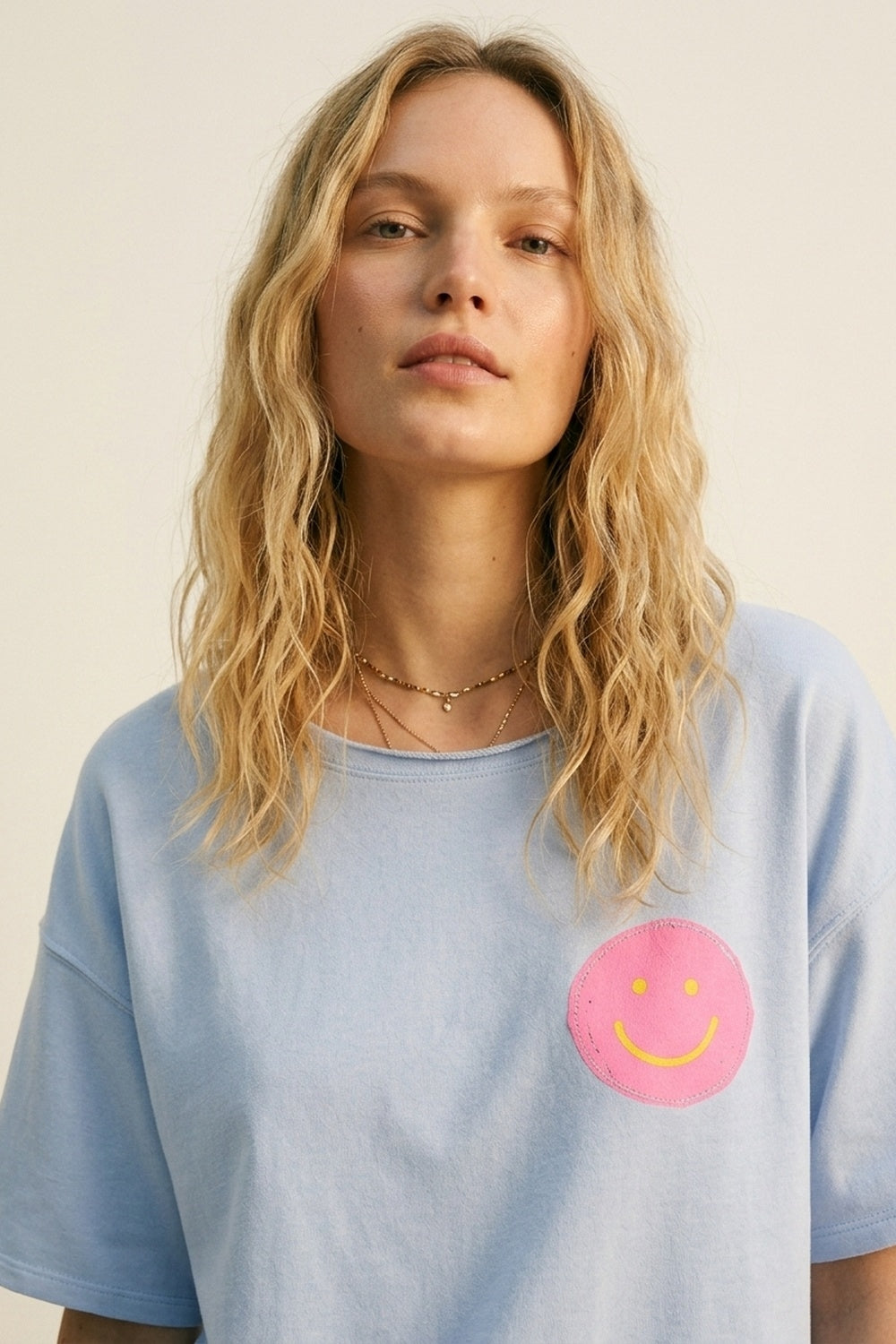 Light Blue Relaxed Fit sweatshirt with Pink Smiley - top