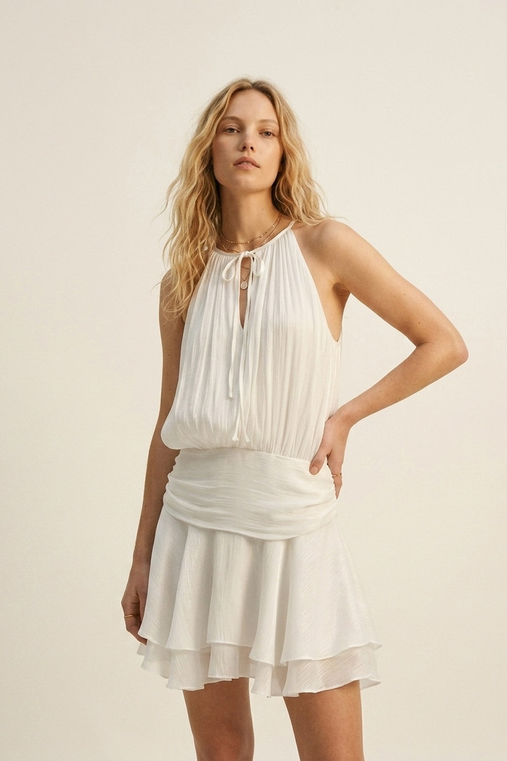 White Pleated Halter Neck Ruffle Dress with shiny chiffon fabric - dress