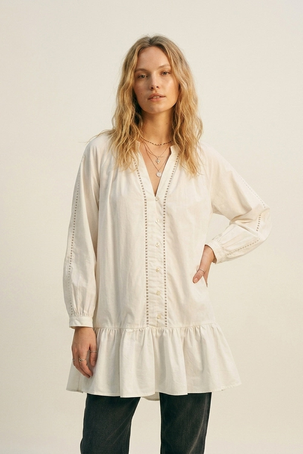 Lightweight Cotton Poplin Peasant Dress in white with Ruffle Hem - dress
