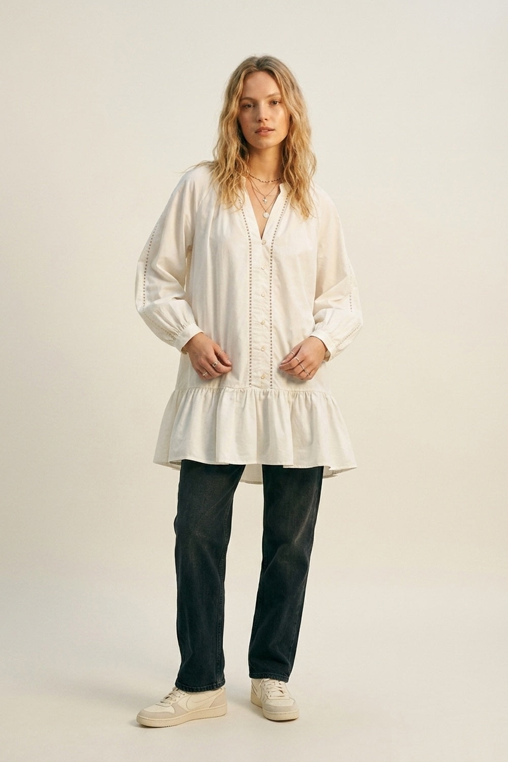 Lightweight Cotton Poplin Peasant Dress in white with Ruffle Hem - dress