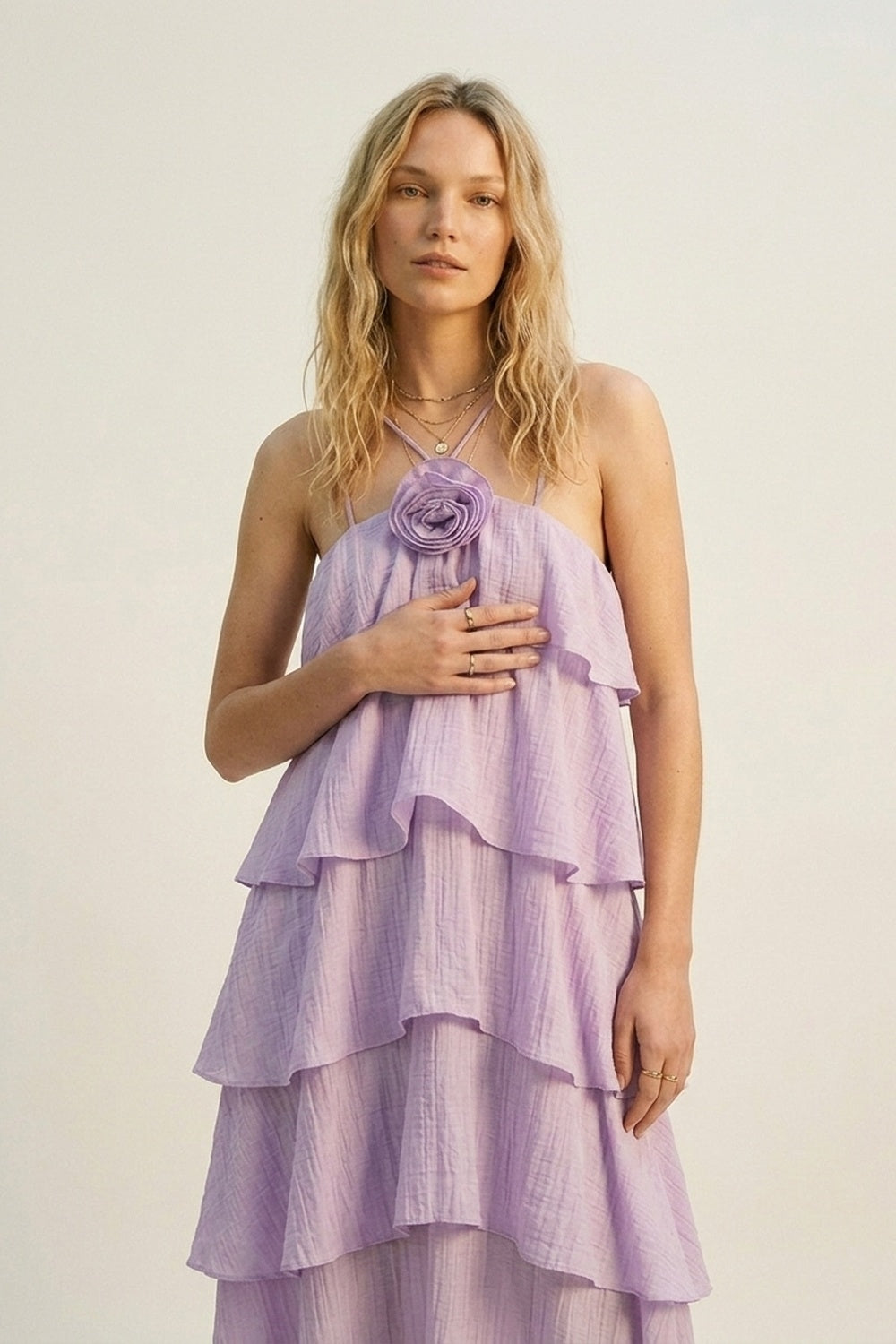 Lilac Crinkled Woven Tiered Ruffle Rose Detail maxi Dress - dress