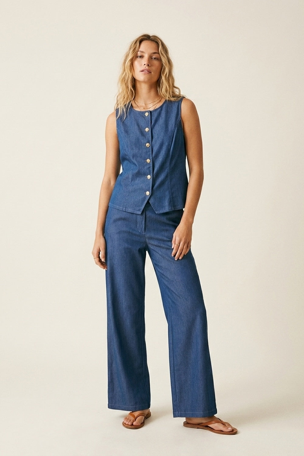 Sleeveless Button-Front Vest & Wide-Leg Trouser Set - jumpsuit