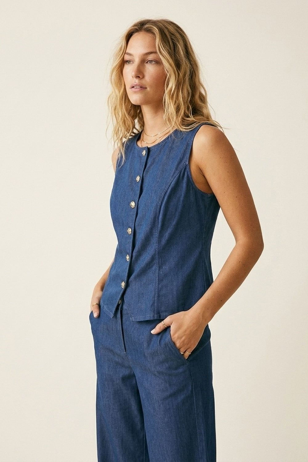 Sleeveless Button-Front Vest & Wide-Leg Trouser Set - jumpsuit