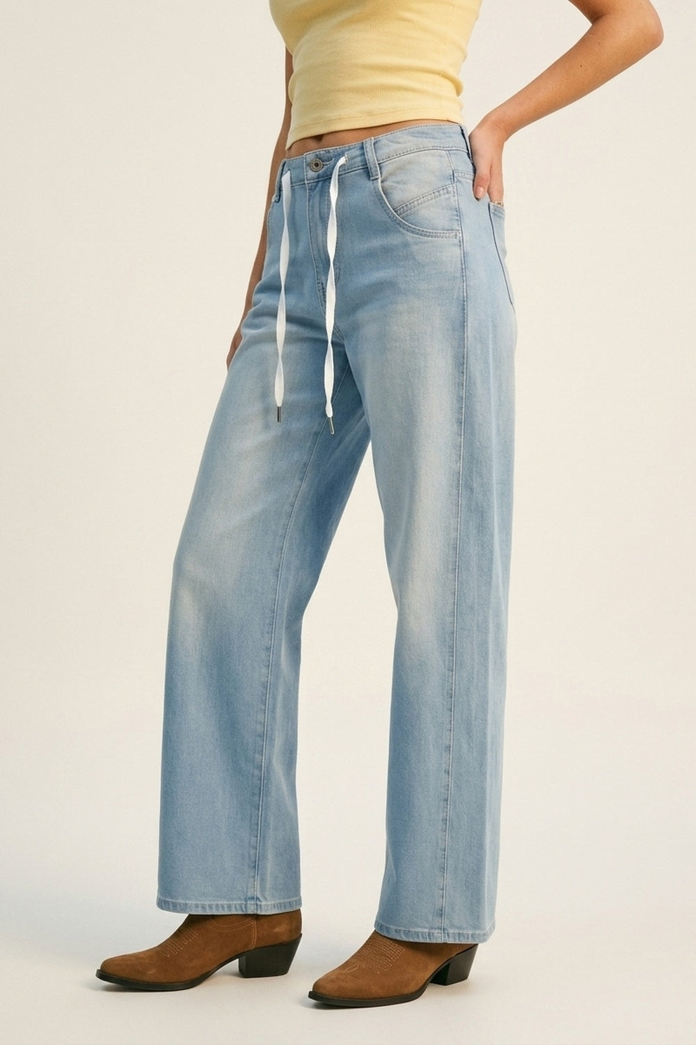 Light Blue Drawstring Relaxed Fit Denim Jeans
