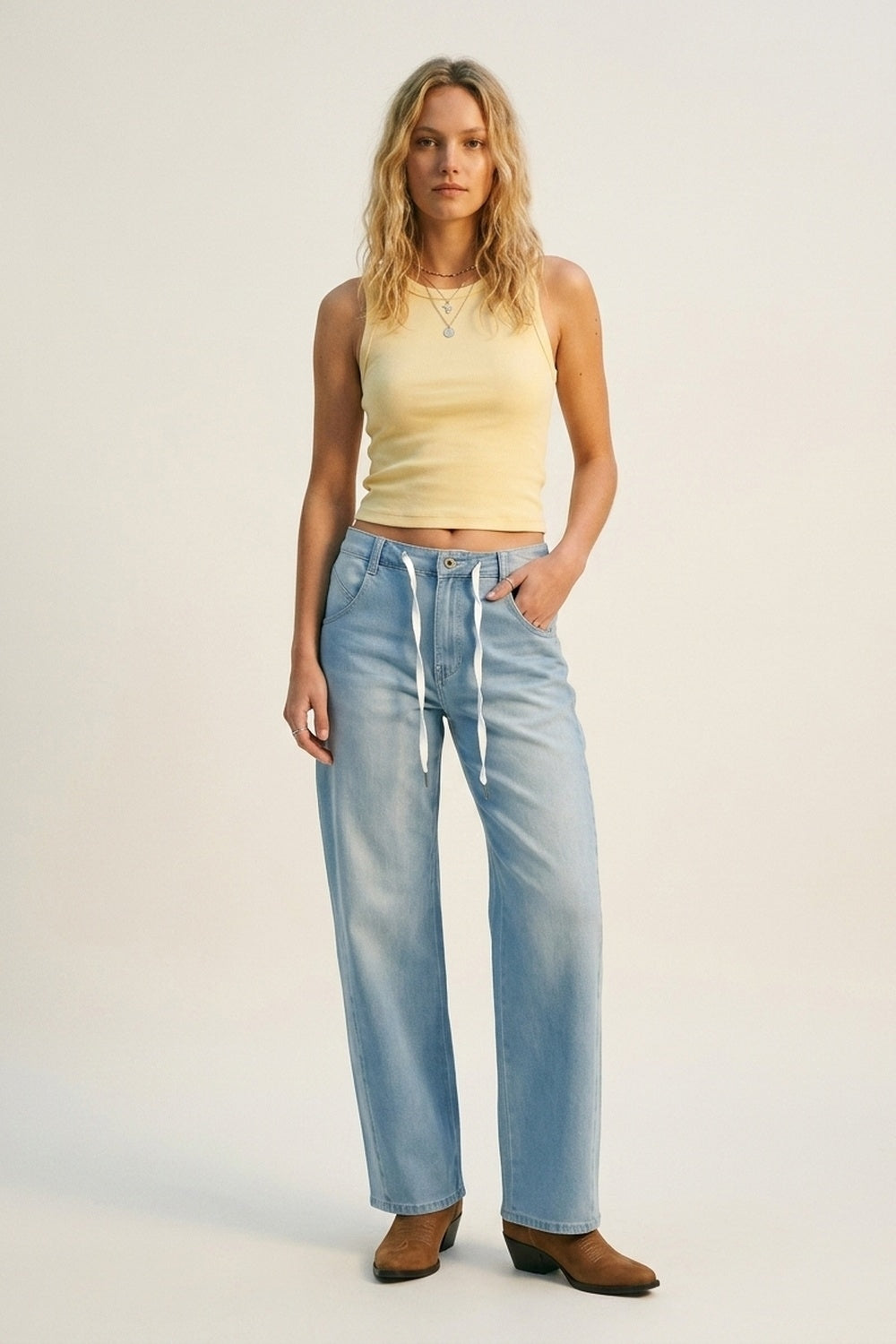 Light Blue Drawstring Relaxed Fit Denim Jeans - Denim