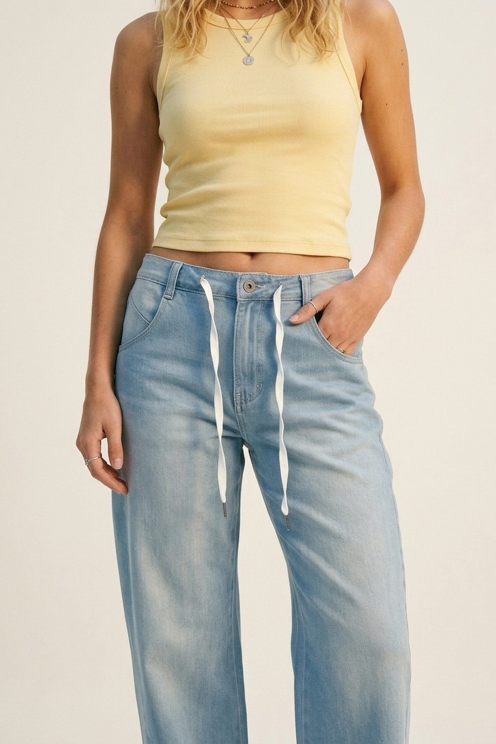 Light Blue Drawstring Relaxed Fit Denim Jeans - Denim