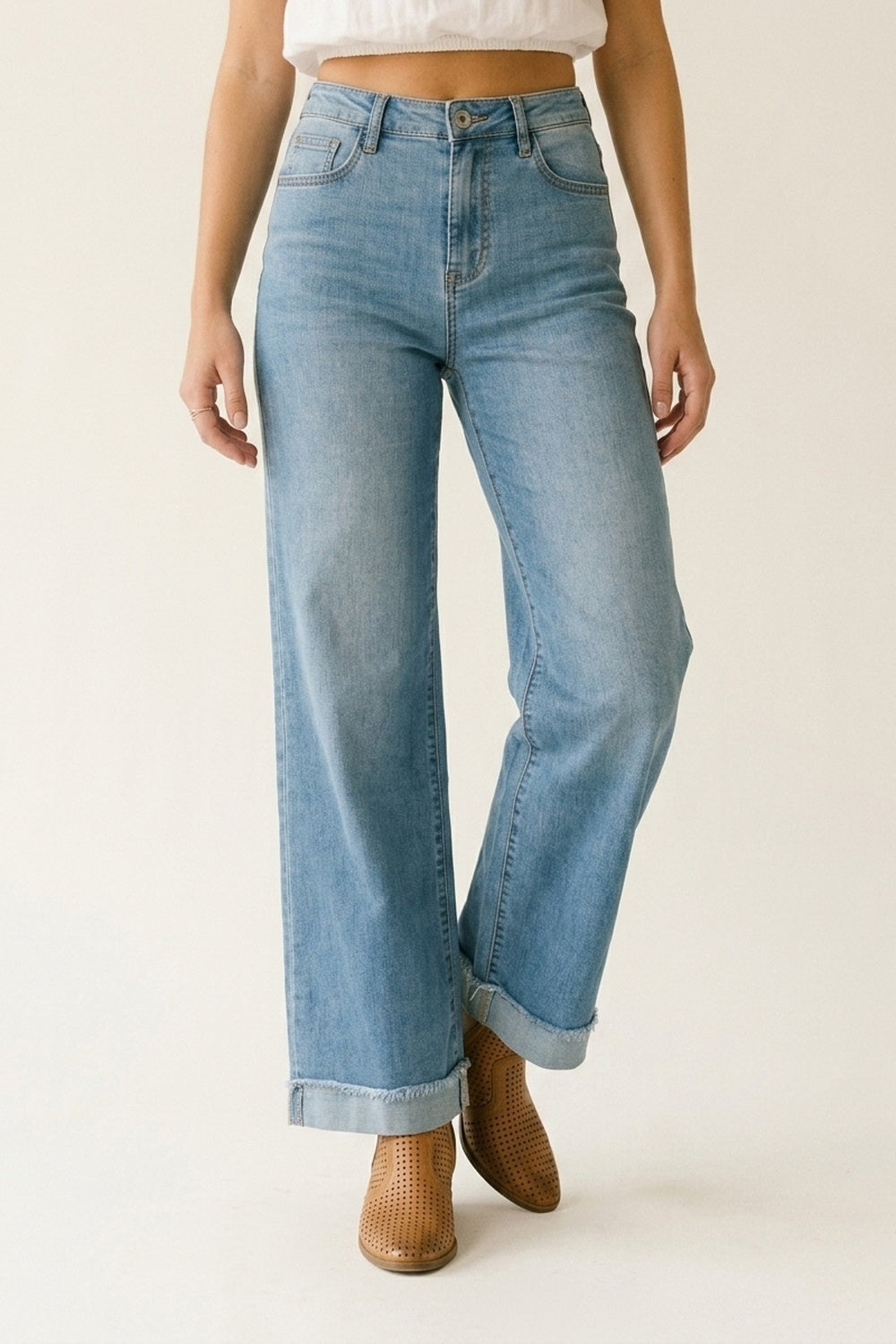 Light Blue Wide Leg Denim Jeans with Cuffed Hem - Denim