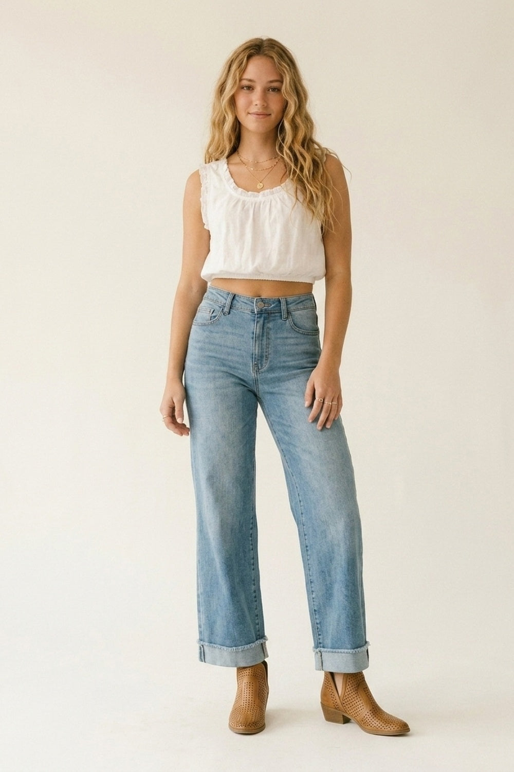 Light Blue Wide Leg Denim Jeans with Cuffed Hem - Denim