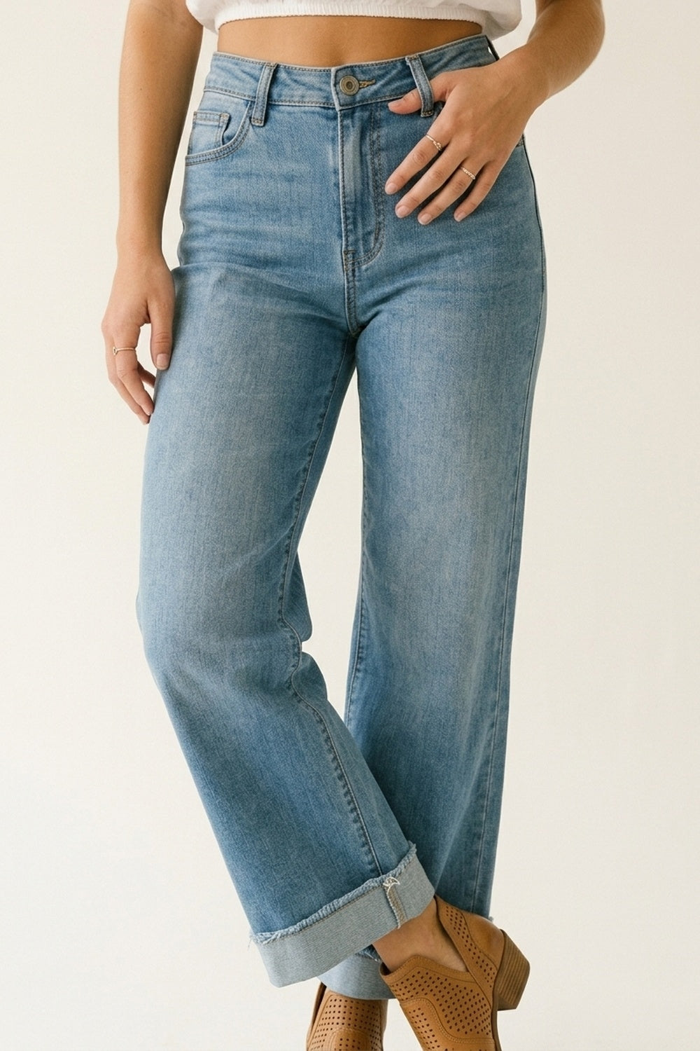 Light Blue Wide Leg Denim Jeans with Cuffed Hem - Denim