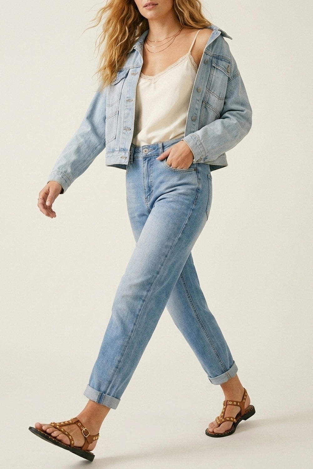 Light Blue Denim mom style Fit Jeans in ankle Length - Denim