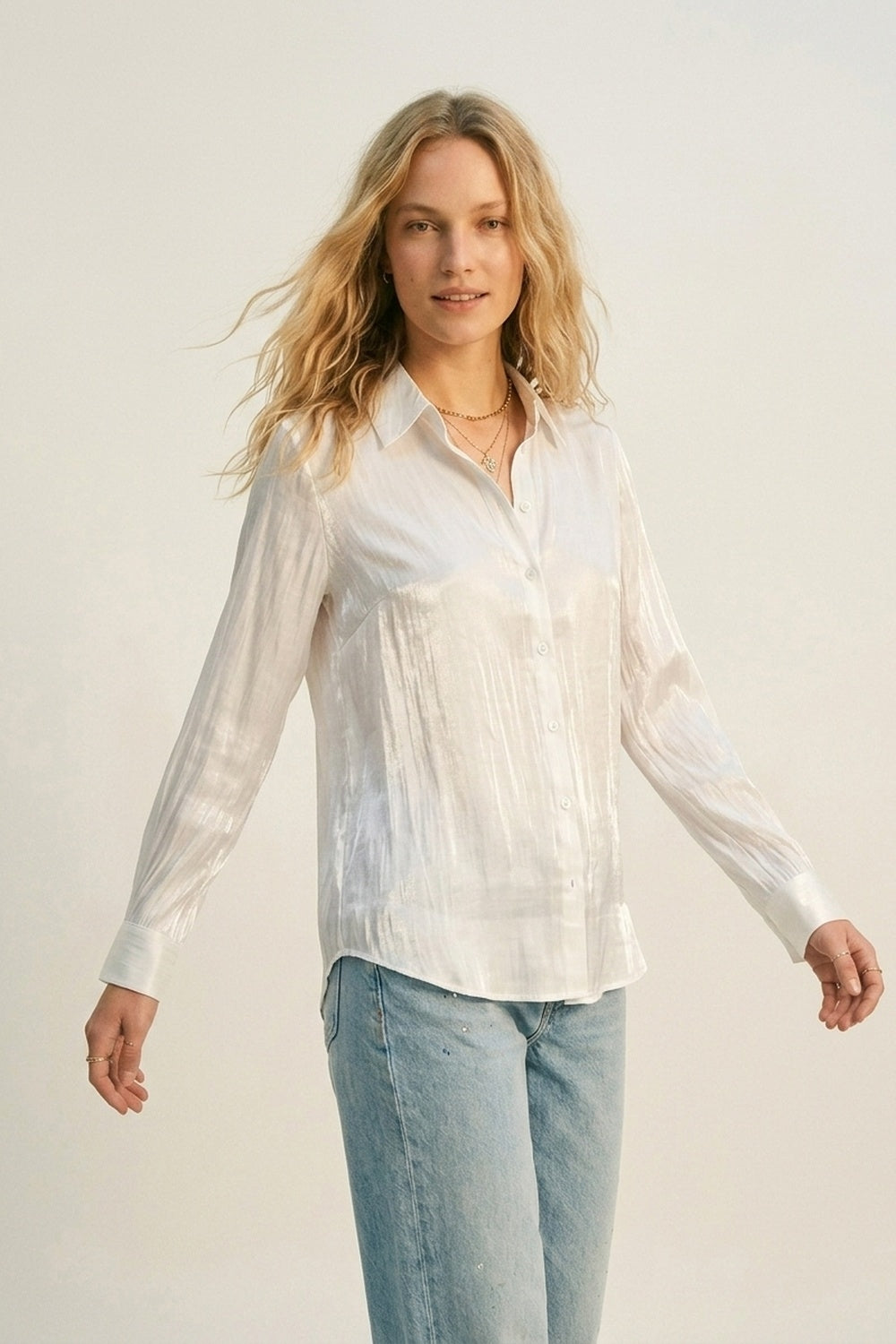 White shiny satin button-down shirt - Shirts